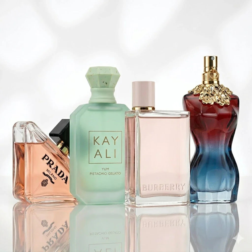 Set od 4 parfema | Prada Paradoxe, Kayali Yum Pistachio Gelato, Burberry Her, Jean Paul Gaultier La Belle.